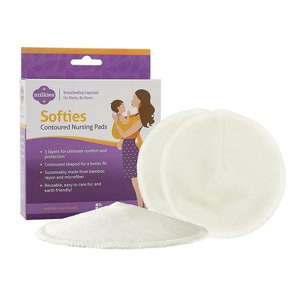 Softies Contoured Reusable Nursing Pads, Absorbent Breast Pads for Breastfeeding Women & Moms, Machine Washable Nipple Pads w/ 3 Layers of Milk Leak Proof Protection, 3 Pairs (6 Pads)