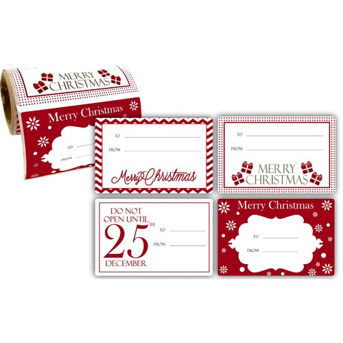 Jumbo Christmas Gift Tag Stickers 60 Count Modern Red, White, Silver, and Gold Xmas Designs - Looks Great on Gifts Presents, Wrapping Paper and Gift Bags.