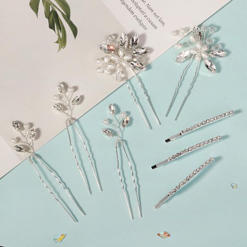 Yandino 8 Pieces Hair Accessories for Women Pearl Crystal Bridal Hair Pins Rhinestone Flower Wedding Hairpiece Vintage Party Hair Jewelry for Bride Bridesmaids Girls