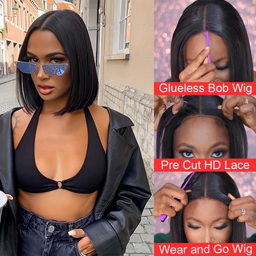 V SHOW Wear and Go Glueless Bob Wigs Human Hair Pre Plucked Pre Cut HD Lace Glueless Bob Wig Human Hair Wear Go Glueless Bob Wig Lace Front Wigs Human Hair for Beginners 180% Density 10Inch