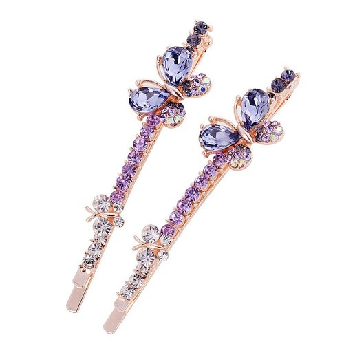 Ruihfas 1 Pair Fashion Women Girls Crystal Rhinestone Hairpins Double Butterfly Design Hair Pins Clips Barrettes Headdress (Purple)