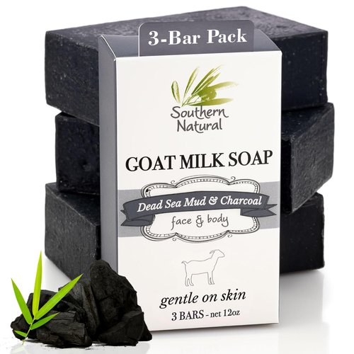Southern Natural Activated Charcoal Soap Bar (3 Pack) Face and Body Soap For Sensitive Skin With Dead Sea Mud, Goat Milk & Peppermint Essential Oil