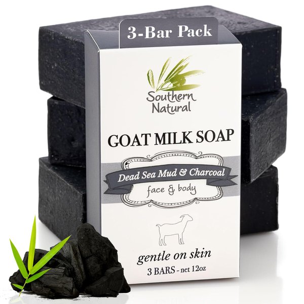 Southern Natural Activated Charcoal Soap Bar (3 Pack) Face and Body Soap For Sensitive Skin With Dead Sea Mud, Goat Milk & Peppermint Essential Oil