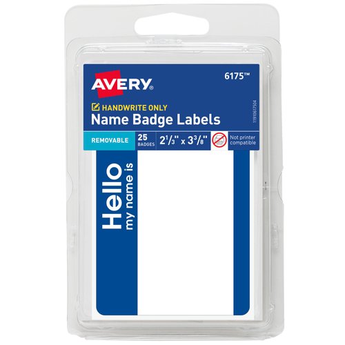 Avery Hello My Name is Name Tags, 2-1/3" x 3-3/8", White with Blue Border, 25 Removable Name Badges (06175)