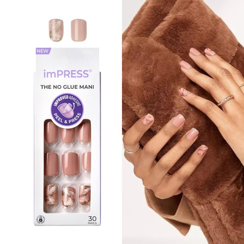 KISS imPRESS No Glue Mani Press On Nails, Design, 'Kingdom', Light Pink, Short Size, Squoval Shape, Includes 30 Nails, Prep Pad, Instructions Sheet, 1 Manicure Stick, 1 Mini File