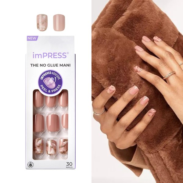 KISS imPRESS No Glue Mani Press On Nails, Design, 'Kingdom', Light Pink, Short Size, Squoval Shape, Includes 30 Nails, Prep Pad, Instructions Sheet, 1 Manicure Stick, 1 Mini File