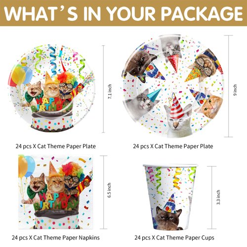 APOWBLS Cat Theme Birthday Party Supplies - Cat Party Decorations Dinnerware Include Cat Party Plates, Cup, Napkin, Kitten Birthday Decorations Tableware, Kitty Cat Birthday Party Supplies | Serve 24