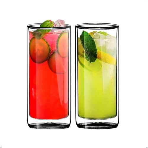 Sun's Tea Double Wall Insulated Glass Tumbler, 16oz (450ml) Highball Glass Cups for Beer, Lemonade, Iced Tea, Tropical Drink, Cocktail, Smoothie, Mojito and Mixed Drinks, Set of 2 - Collins Style