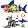 Shark Building Blocks Toy, Ocean Animal Building Set with Light and Display Stand, Cyberpunk Shark Building Blocks for Kids & Adults, Animal Building Set with Technik Linkage Function for Kids, White