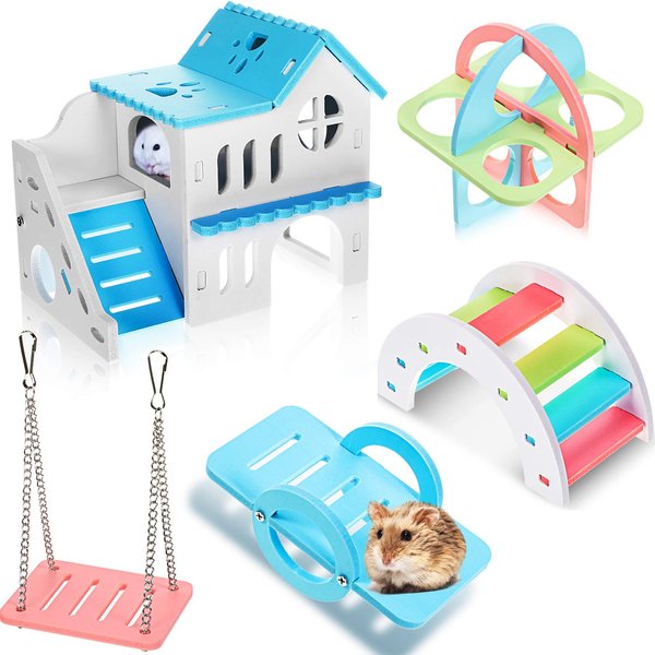 Skylety 5 Pieces Hamster Toys Include Wooden Hamster House Guinea Pig Hideout Rainbow Bridge Hamster Seesaw Hamster Swing Hamster Exercise Circle Cage Toy for Small Animals