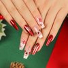 Christmas Press on Nails Coffin Medium Fake Nails With Snowflake Pearl Red Rhinestones Designs False Nails Red Glitter Full Cover Stick on Nails Acrylic Winter Xmas Artificial Nails for Women 24Pcs