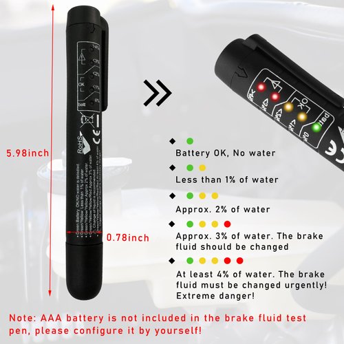Augeny Brake Fluid Liquid Tester Pen, Hydraulic Fluid Liquid Oil Moisture Analyzer with 5 LED Indicators to Test DOT3 DOT4 DOT5.1 Brake Fluid, Auto Brake Diagnostic Testing Tool
