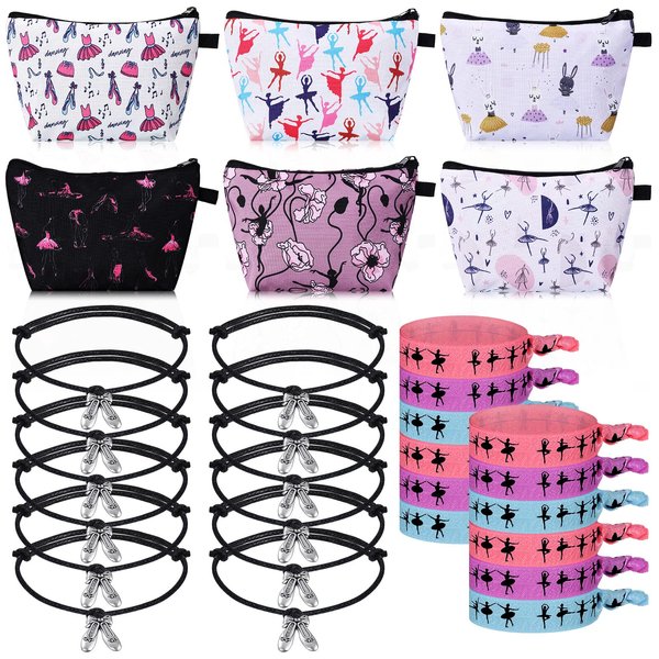 Sadnyy 30 Pieces Ballet Dance Gifts 6 Ballet Makeup Cosmetic Tote Bag 12 Dance Hair Ties Gifts for a Dance Recital Ribbon Elastic Ponytail Holder 12 Ballet Dance Charm Bracelets Dance Jewelry