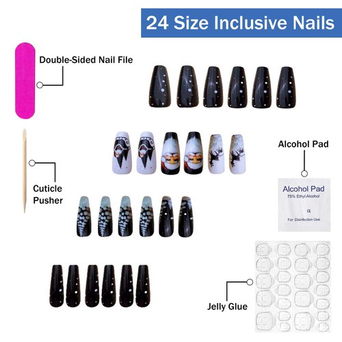 Christmas Press on Nails Long Coffin SWEKKE Black & White Fake Nails False Nails with Designs Santa Reindeer Christmas Tree Glossy Glue on Nails Xmas Acrylic Nails for Women Girls 24 Pcs