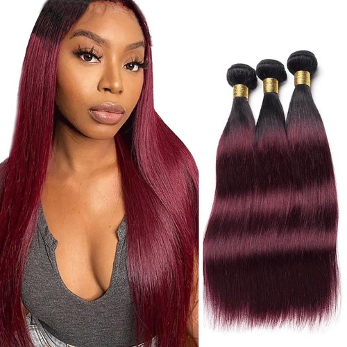 1B99J Bundles Ombre Red Straight Human Hair Bundles Brazilian Unprocessed Virgin Hair Burgundy Bundles Human Hair Weave 3 Bundles 12 14 16 Inch Ombre Straight Bundles Remy Hair Extensions