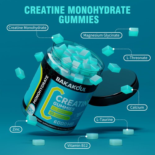 BAKAKOUL Creatine Monohydrate Gummies 5g for Men & Women - 120 Sugar Free Gummies with Magnesium Glycinate, L-Threonate, L-Taurine + Vitamin B12 for Muscle Support, Energy Boost, (Blueberry Flavor)