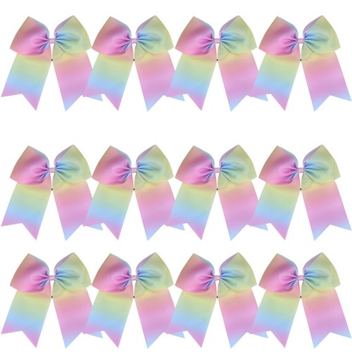 8 Inch Cheerleader Bows Ponytail Holder Cheerleading Hair Tie (Light Rainbow)