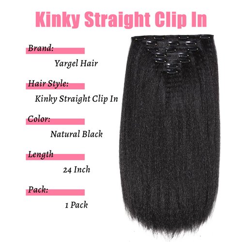 Yargel Hair 24 Inch Kinky Straight Clip in Hair Extensions for Black Women Full Head Yaki Straight Seamless Clip ins Synthetic Hair Pieces(1 pack)