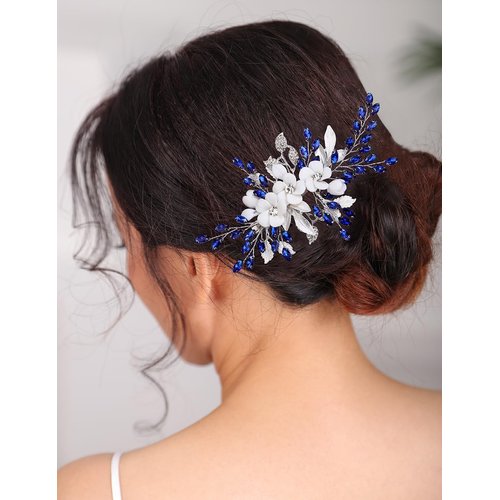 Xerling Royal Blue Rhinestones Hair Barrette White Flower Silver Hair Clip Bridal Wedding Sapphire Hair Jewelry Alligator Duckbill Clip Floral Headpiece for Women Girls (Blue)