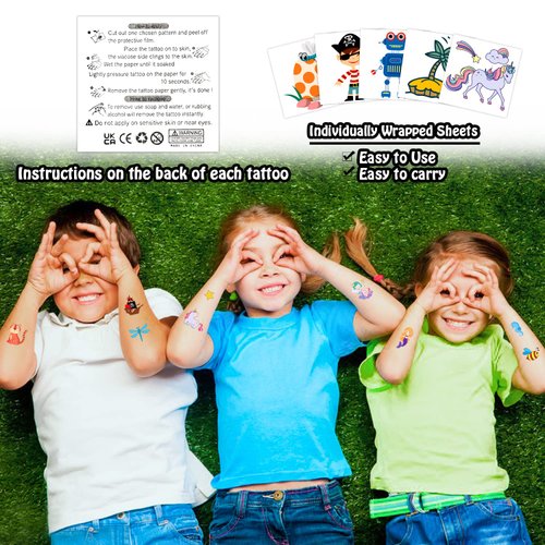 Partywind Kids Temporary Tattoos, 204 PCS Fake Tattoo Stickers for Kids Party Supplies Favors Decorations, Surprise Birthday Goodie Bag Stuffers (Individually Wrapped)