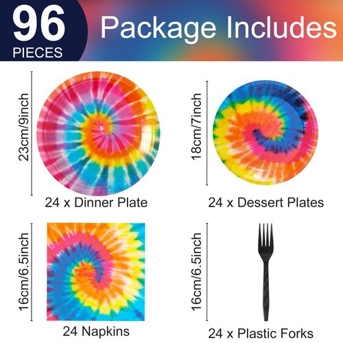 24 Guests Tie Dye Party Plates Napkins Tie Dye Birthday Party Decorations Supplies for Girls Tie Dye Birthday Paper Plates Napkins Forks Tableware Set (96 Pieces)