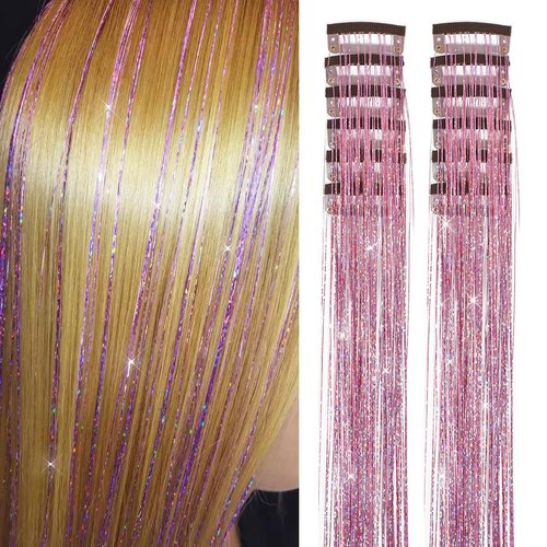 12Pcs Hair Tinsel Clip in 20Inch Fairy Hair Clip in Hair Tinsel Kit Heat Resistant,Pink Clip in Hair Tinsel Extensions Glitter Hair Tensile Clip in Sparkly Hair Accessories for Women Girls Kids (Pink)