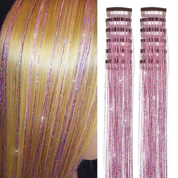 12Pcs Hair Tinsel Clip in 20Inch Fairy Hair Clip in Hair Tinsel Kit Heat Resistant,Pink Clip in Hair Tinsel Extensions Glitter Hair Tensile Clip in Sparkly Hair Accessories for Women Girls Kids (Pink)