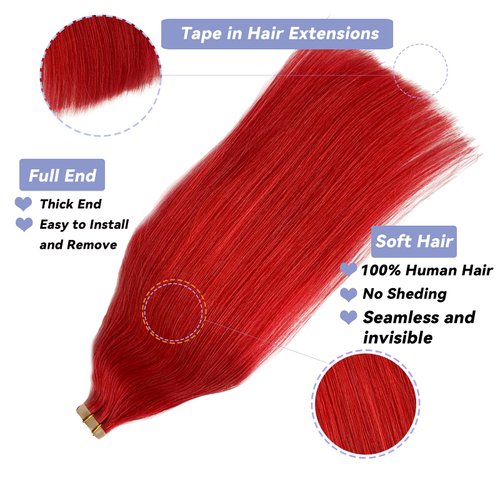 22" Long Straight Red Tape in Human Hair Extensions,Hot Red Tape in Extensions 60grams 20pcs Silky Soft Tape 100% Remy Hair Extensions for Women