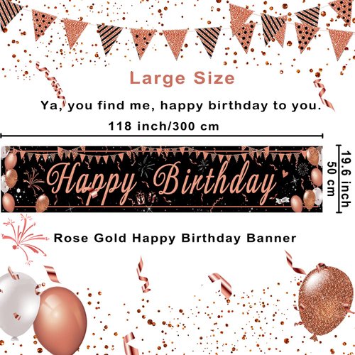Happy Birthday Decorations - Black and Rose Gold Happy Birthday Banner Sign, Happy Birthday Backdrop for Girls Women Birthday Party Decorations