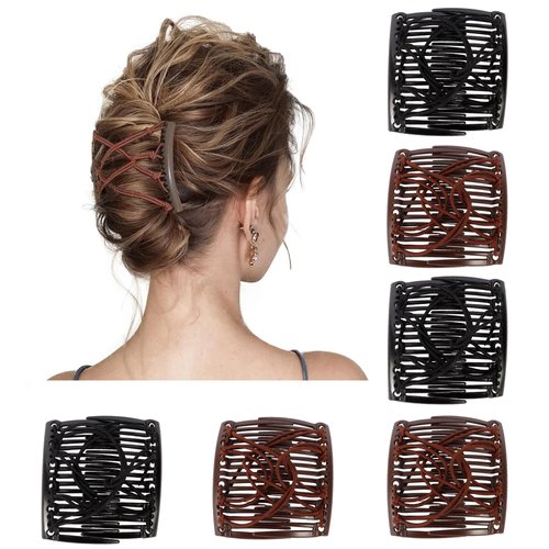 Exacoo 6Pcs Stretchy Double Comb Hair Clips Elastic Magic Hair Pressing Combs Hair Forks for Women Accessories Creaseless Hair Picks for Curly Wavy Thin Thick Long Hair Ponytail Hair Bun Maker