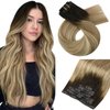 Moresoo Clip in Hair Extensions Seamless Human Hair Ombre Brown to Light Brown with Blonde Seamless Hair Extensions Clip in Human Hair Balayage PU Weft Clip in Human Hair Extensions 16inch 7Pcs/120G