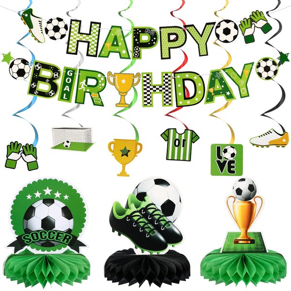 16 Pcs Soccer Birthday Party Decorations Soccer Party Supplies Include Soccer Happy Birthday Banner, Paper Cutouts, Honeycomb Centerpiece, Soccer Hanging Swirl for Boys Kids Sports Football Parties