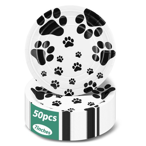ATAMOW 50Pcs Paw Paper Plates,7 In Disposable Paper Plates,Dog Party Plates,Disposable Plates for Holiday Birthday Camping Weeding Dessert Dinner Party Supplies