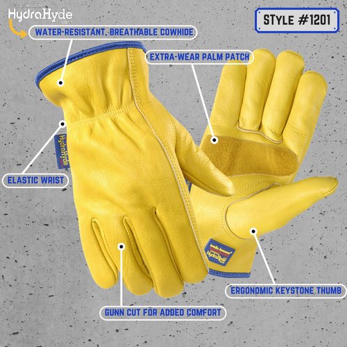 Water Resistant Leather Work Gloves, Grain Cowhide, Palm Patch, HydraHyde Technology, Medium (1201M)