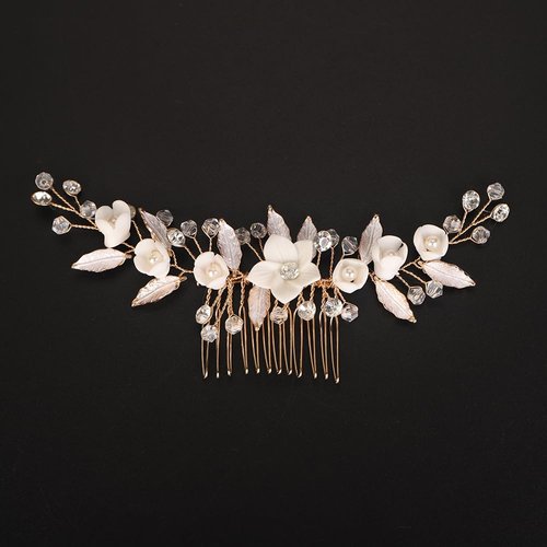 Teyglen Bride Flower Wedding Hair Comb Handmade Gold Leaf Flower Headpiece for Bride Flower Bridal Crystal Hair Comb Hair Jewelry for Women Wedding Party
