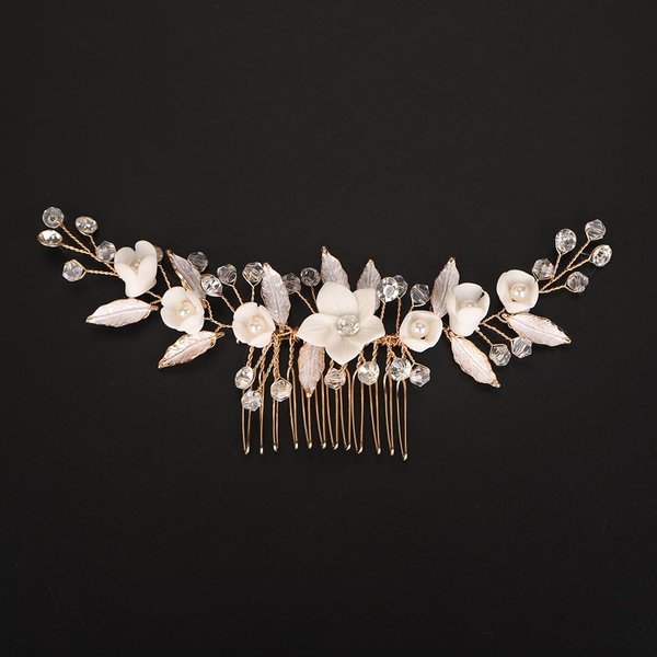 Teyglen Bride Flower Wedding Hair Comb Handmade Gold Leaf Flower Headpiece for Bride Flower Bridal Crystal Hair Comb Hair Jewelry for Women Wedding Party