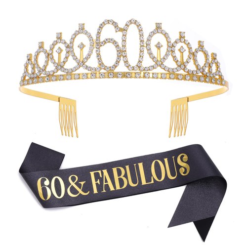60 & Fabulous Sash & Rhinestone Tiara Set, Black Gold 60th Birthday Gifts for Women, Birthday Sash/Tiara for Women's 60th Birthday Party Decoration (Black 60th)
