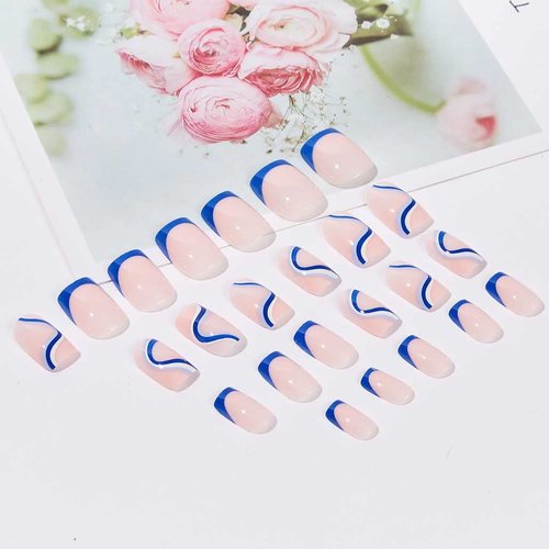 Foccna Square Press on Nails Acrylic French Fake Nails Short Swirls Cute Women's Blue False Nails Daily Wear Artificail Nails for Women&Girls, 24PCS