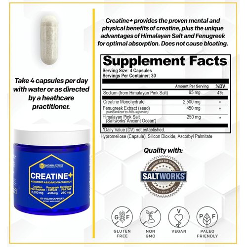 NATURAL STACKS Creatine Monohydrate Pills 2500mg - Maximum Absorption Formula w/Himalayan Salt & Fenugreek | Supports Brain Health, Endurance & Muscle Building - 120 Creatine Capsules