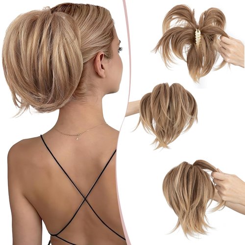 SEGO Pro Claw Clip Short Ponytail Hair Extensions Messy Bun Hair Piece Pony Tails Hair Extensions with Bendable Metal Wire Hair Pieces DIY Style 8 Inch 12T24 Caramel Brown to Mousy blonde