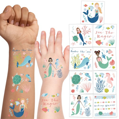 Cheerland Mermaid Temporary Tattoo Stickers for Under The Sea Mermaid Birthday Party and Sea Themed Celebrations Beach Picnic Baby Shower Girls Removable Tattoos Party Supplies Decoration 108 pcs