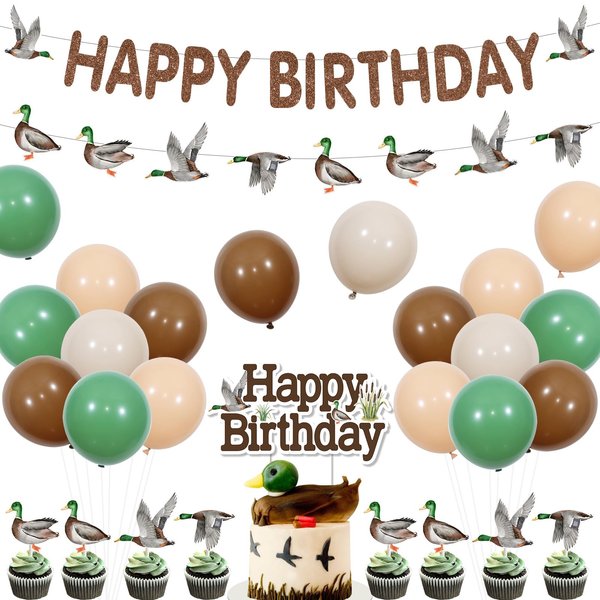 Fangleland Mallard Duck Birthday Party Decorations for Boy, Duck Theme Birthday Party Supplies with Happy Birthday Banner, Duck Cake Topper, 24Pcs Cupcake Toppers, Balloons
