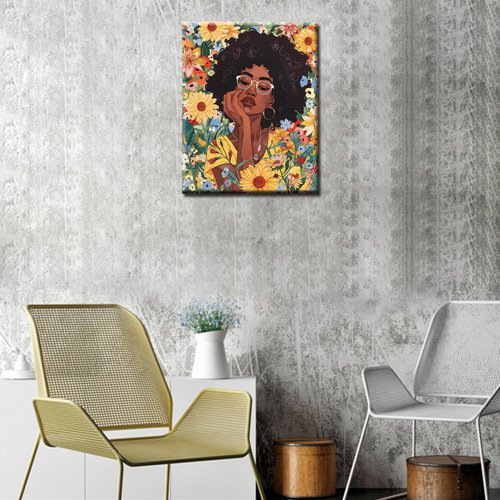 Fashion Girl in Garden Flowers Oil Paint by Number Kits for Kids and Adults Beginner Africa American Women Acrylic Digital Pitures Lady Wearing Sunglass Paintwork Home Decor Boho Gift(16''W x 20''H)