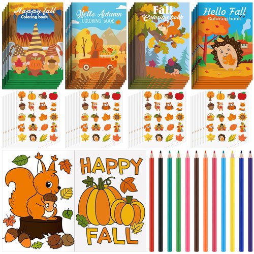 Skyygemm 20 Pcs Fall Coloring Books Autumn Activity Coloring Books Bulk with 800 Squirrel Pumpkin Stickers and 12 Colored Pencils for Fall Party Favors Goodie Bag Stuffers Classroom Supplies