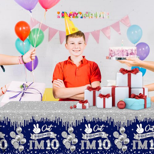 Guzbewu 10th Birthday Decorations for Boys,3pcs Blue and Sliver Double Digits Birthday Boy Tablecloth,Waterproof Plastic 10th Birthday Boy Table Cover for Boy 10 Year Old Birthday Decorations