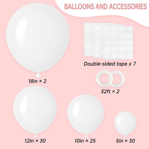 RUBFAC 87pcs White Balloons Different Sizes 18 12 10 5 Inches for Garland Arch, Premium Party Latex Balloons for Birthday Party Wedding Anniversary Baby Shower Party Decoration
