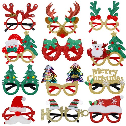 NAFY 12Pcs Christmas Glasses Funny Glitter Party Eyeglasses Frames Cute Xmas Prop Glasses Creative Christmas Decoration Costume Glasses Eyewear for Christmas Party Favor Set (Fit for Most Face Shapes)