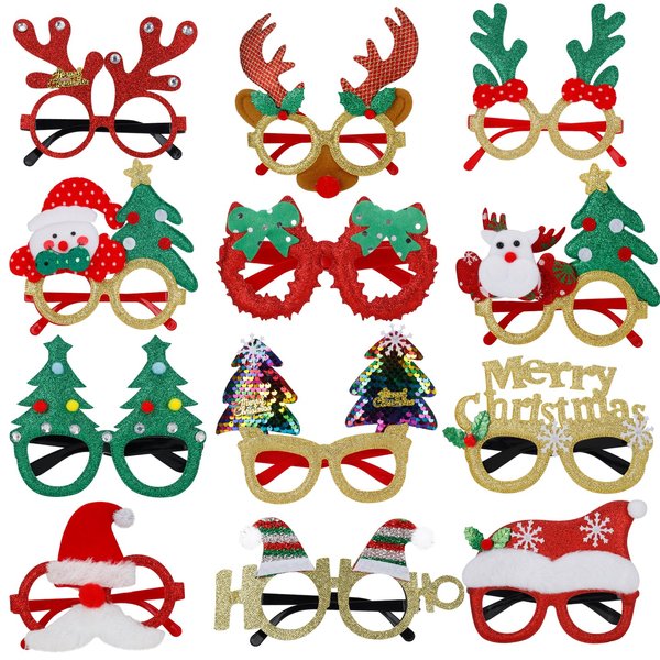 NAFY 12Pcs Christmas Glasses Funny Glitter Party Eyeglasses Frames Cute Xmas Prop Glasses Creative Christmas Decoration Costume Glasses Eyewear for Christmas Party Favor Set (Fit for Most Face Shapes)