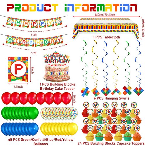 78 Pcs Building Block Birthday Party Supplies Birthday Party Decorations Include Happy Birthday Banner, Building Block Swirls, Table Cover, Cake Toppers, Cupcake Toppers, Balloons for Boys Girls Kids
