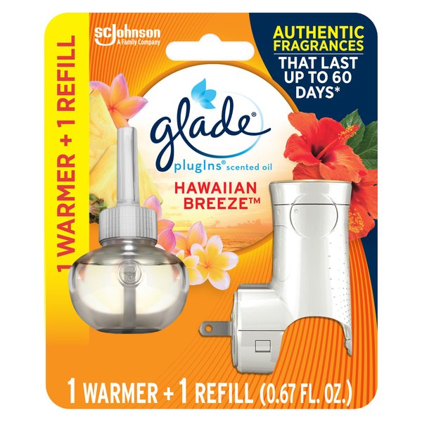 Glade PlugIns Refills Air Freshener Starter Kit, Scented Oil for Home and Bathroom, Hawaiian Breeze, 0.67 Fl Oz, 1 Warmer + 1 Refill